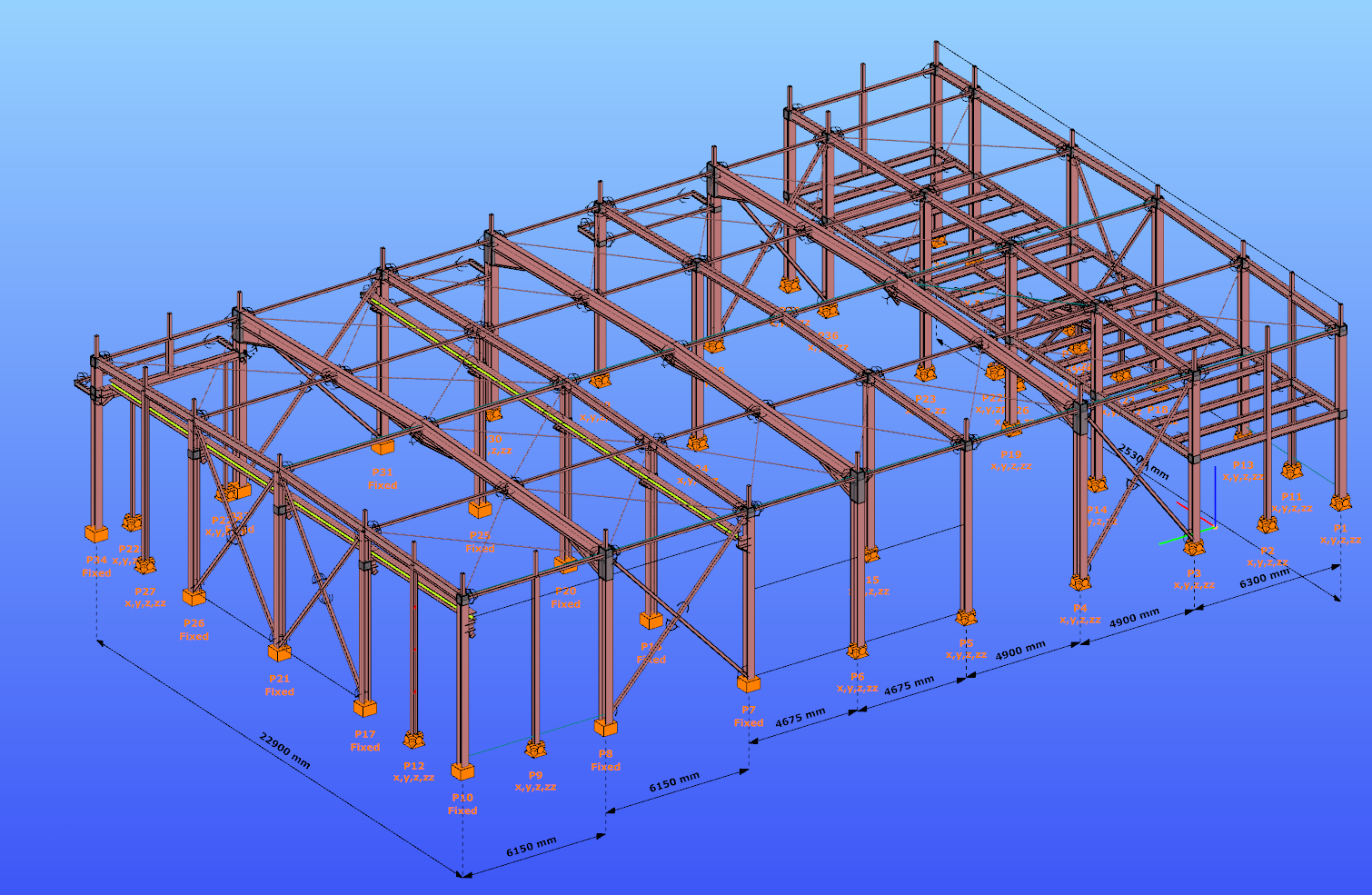 CRANE-HALL · IFC model · column grid 4.7 / 4.9 / 6.15 m