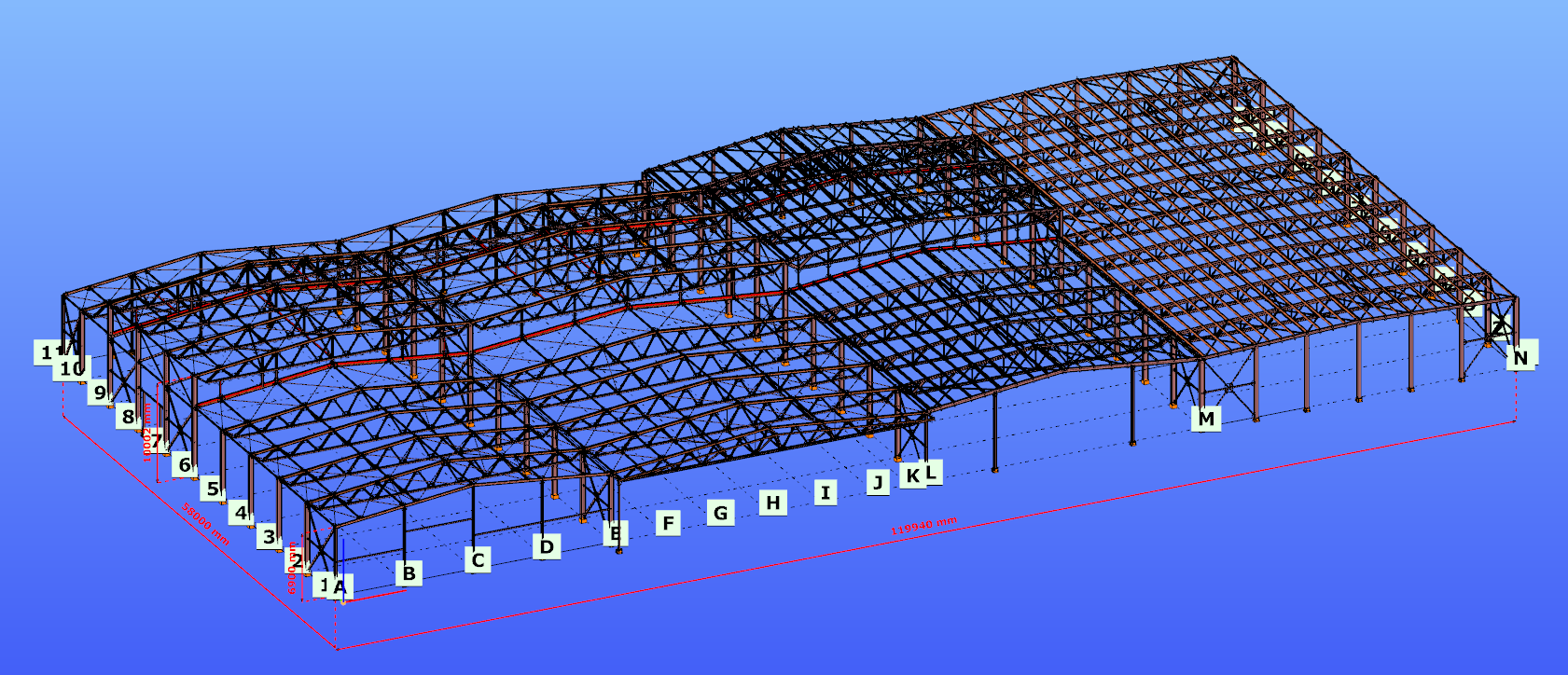INDUSTRIAL HALL · 120 × 58 m · full Consteel model