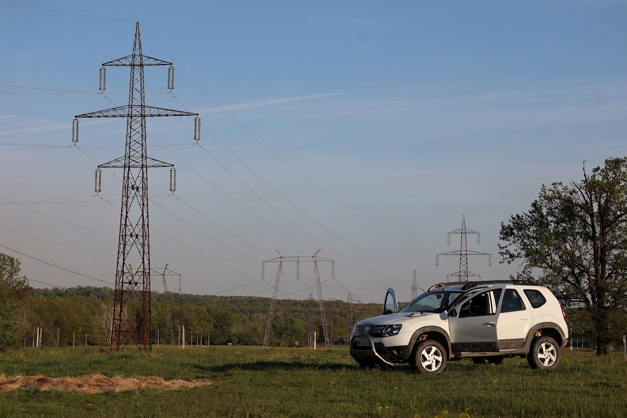 Field engineer inspecting transmission tower