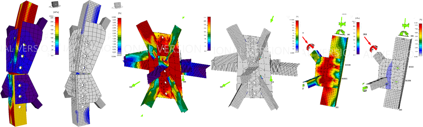 FEM stress and strain analysis of bolted lattice joints — nine joint variants J1–J9 in MPa and percentage strain